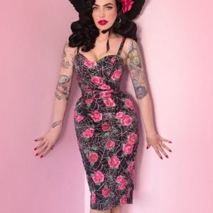 Pink rose and spiderweb Halloween wiggle dress